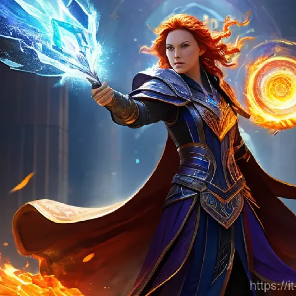 블레이드소울 레볼루션 고효율 스킬 조합 - **Prompt: "A highly dynamic and visually striking image of a powerful female Mage mid-action, execut...