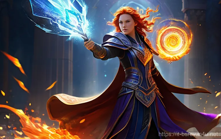 블레이드소울 레볼루션 고효율 스킬 조합 - **Prompt: "A highly dynamic and visually striking image of a powerful female Mage mid-action, execut...