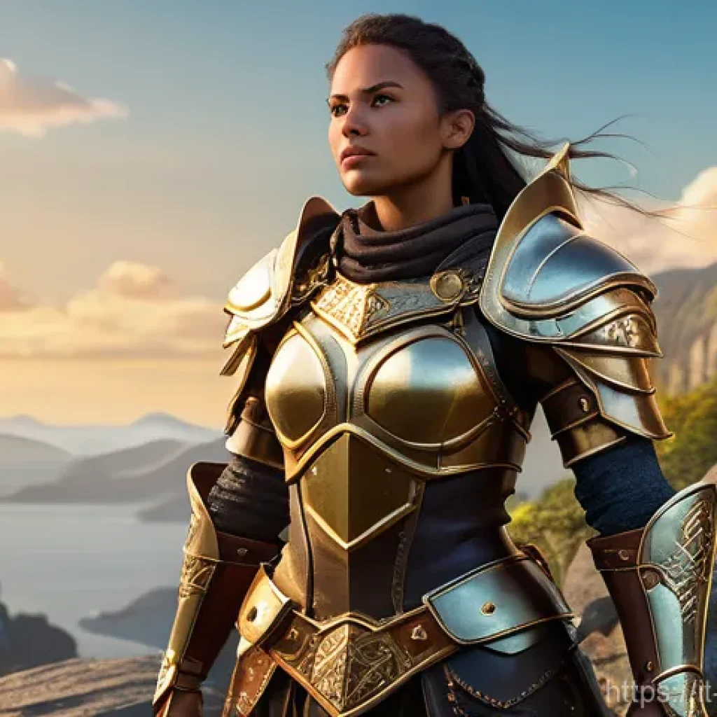 블레이드소울 레볼루션 보상 효율 분석 - "A vigilant female warrior, adorned in intricate, non-revealing fantasy armor with practical leather...