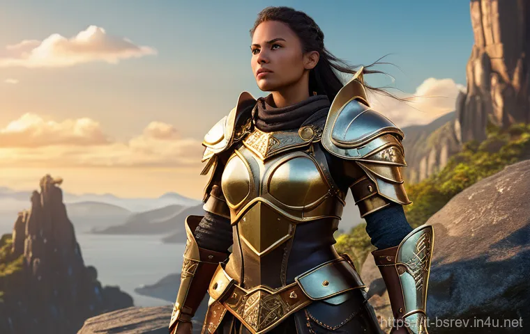 블레이드소울 레볼루션 보상 효율 분석 - "A vigilant female warrior, adorned in intricate, non-revealing fantasy armor with practical leather...
