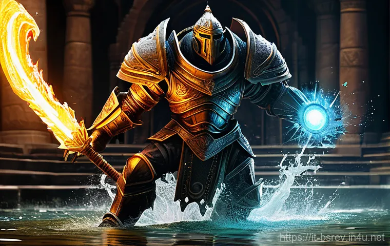 블레이드소울 레볼루션 필드 보스 패턴 분석 - **Prompt 1: "Agile Warrior vs. Ancient Fire Golem"**
A dynamic, action-packed scene featuring a ...