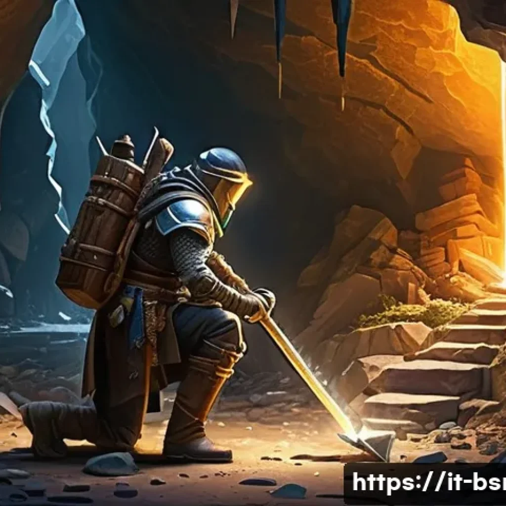 블레이드소울 레볼루션 크래프팅 아이템 리스트 - A detailed fantasy crafting scene set in a lush mountain cave filled with glowing iron ore veins and...