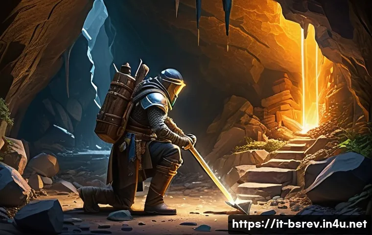 블레이드소울 레볼루션 크래프팅 아이템 리스트 - A detailed fantasy crafting scene set in a lush mountain cave filled with glowing iron ore veins and...
