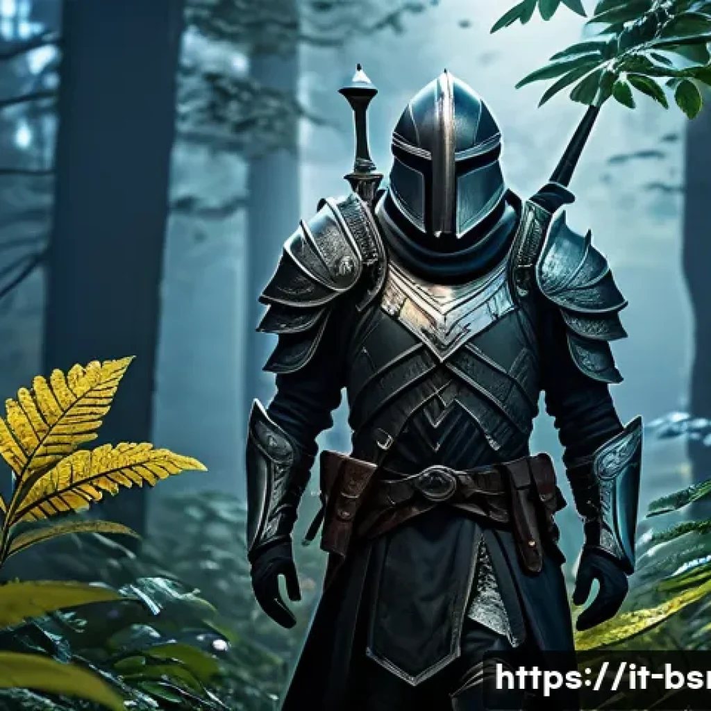 블레이드소울 레볼루션 전설 등급 아이템 제작 - A fantasy adventurer exploring a dense, misty forest at night under a silver moonlight, carefully ga...