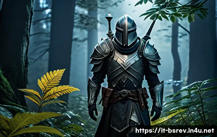 블레이드소울 레볼루션 전설 등급 아이템 제작 - A fantasy adventurer exploring a dense, misty forest at night under a silver moonlight, carefully ga...
