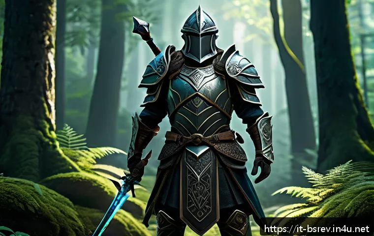 블레이드소울 레볼루션 초보자 장비 추천 - A detailed fantasy warrior character in balanced medium-heavy armor standing confidently in a lush f...