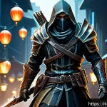 Home 21 블레이드소울 레볼루션 고수들의 팁과 트릭 - A dynamic scene of a skilled Assassin character from a fantasy MMORPG, wearing lightweight, sleek ar...