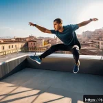 Home 18 블레이드소울 레볼루션 경공 사용법 - A dynamic scene of a skilled parkour athlete in a futuristic urban environment inspired by Italian c...