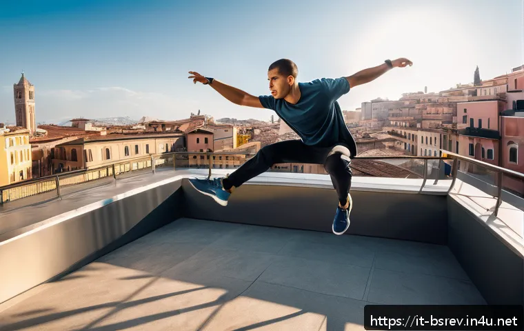 블레이드소울 레볼루션 경공 사용법 - A dynamic scene of a skilled parkour athlete in a futuristic urban environment inspired by Italian c...