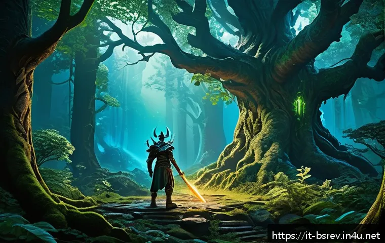 블레이드소울 레볼루션 고레벨 필드 사냥터 추천 - A dense, mystical forest scene inspired by Drakonia Forest in a high fantasy game setting, featuring...