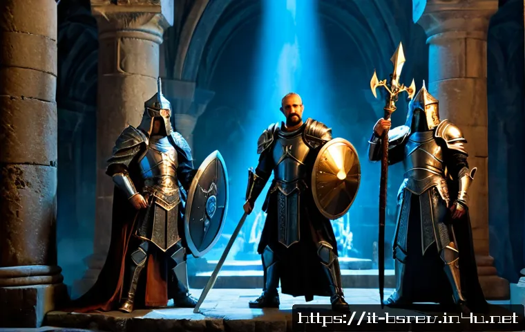 Home 17 블레이드소울 레볼루션 던전별 추천 파티 구성 - Photorealistic fantasy dungeon party of four adult adventurers in a dramatic underground cathedral i...
