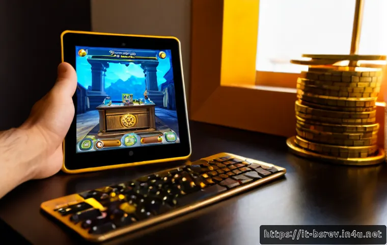 블레이드소울 레볼루션 업적 보상 분석 - Photorealistic over-the-shoulder view of an Italian mobile gamer at a tidy apartment desk in Milan, ...
